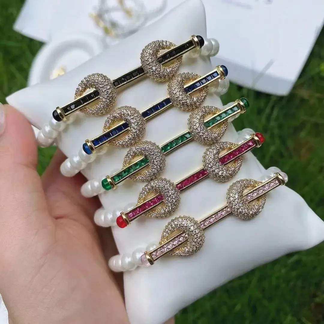 Bangle 5PCS, Fashion Pearl Shell Beaded Bracelets Charm Zircon Bar Connector Bracelets Bangles For Women Colorful Jewelry