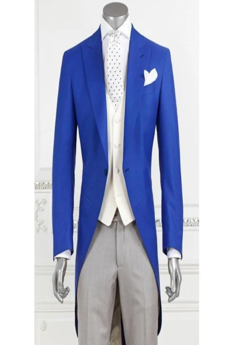 Three Piece Royal Blue Long Men Tailcoat for Wedding Prom Party Suit Peaked Lapel Custom Made Groom Tuxedo8702332