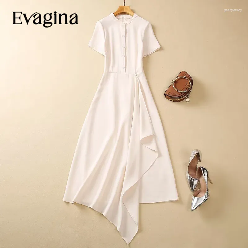 Party Dresses Evagina Fashion Women's Round Neck Short-Sleeved Single-Breasted Vintage Irregular High-Waisted Mid-Length Ball Gown Dress