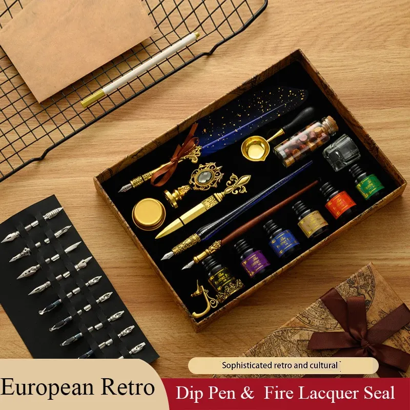 Pennor Luxury Fountain Pen Set, Retro Sprinkling Feather Penns Calligraphy Writing Dip Kit With Wax Seal Stamp Ersätt NIBS, presentförpackning