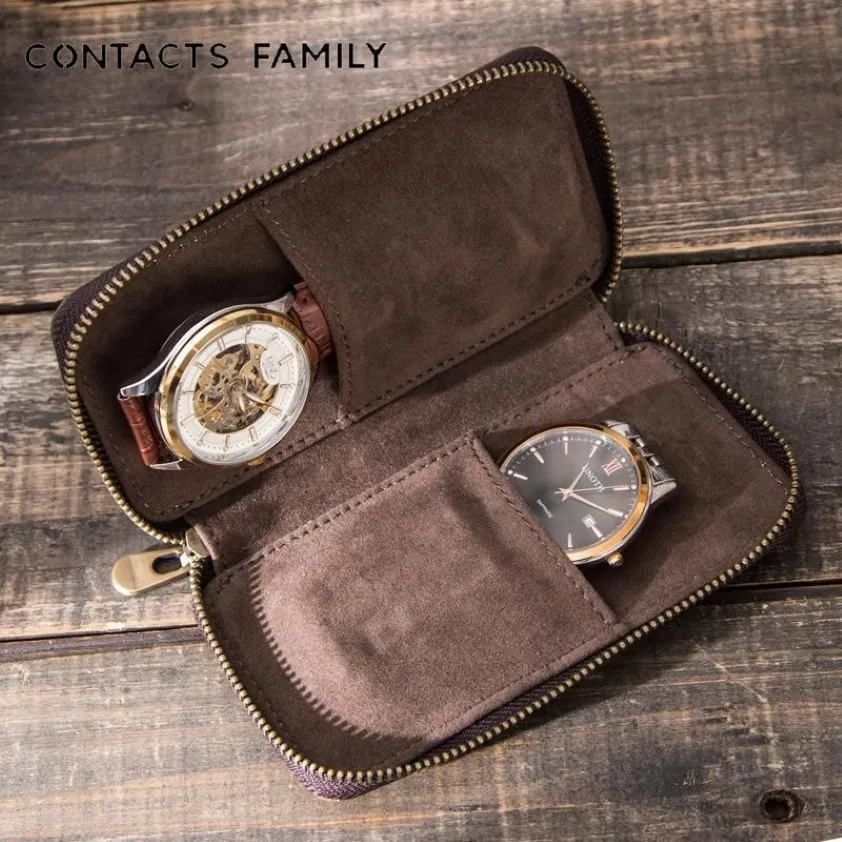 Titta på lådor Fall Portable Travel Watches Storage Case 2 Slots dragkedja läderko väska Box Display smycken Organiser gåva för Men295S