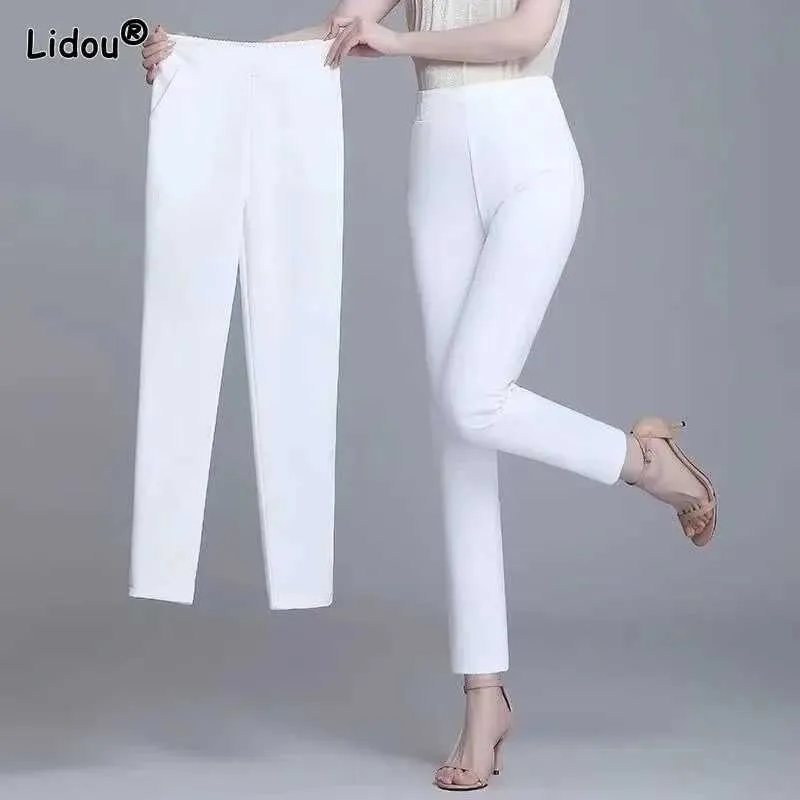 Kadın Pantolon Capris Siyah Beyaz Renk Yüksek Strecth İlkbahar Yaz Kalem Pantolon Cep Dekorasyonu Elastik Bel Artı Boyut Üç Çeyrek Günlük Pantolon Y240422