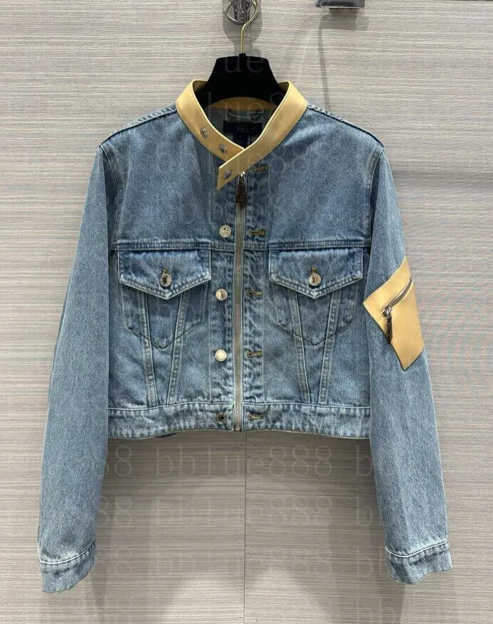 24 women's new denim jacket jacket jacket half skirt temperament knight style zipper patchwork leather collar design 421