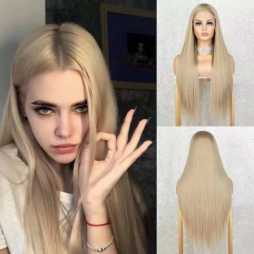 Half Hand Hook Front Lace European and American Women's Fashion Natural Gold Free Split Long Straight Hair Wig Chemical Fiber Full Head Cover