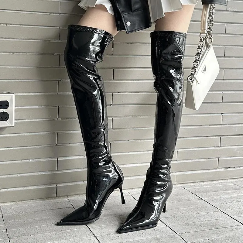 Boots Blanc Blanc Brown Femmes sur les genoux hauts High Talons Patent Cuir Patent Solide Point Toe Stiletto Side Zipper Sapatos Femininos