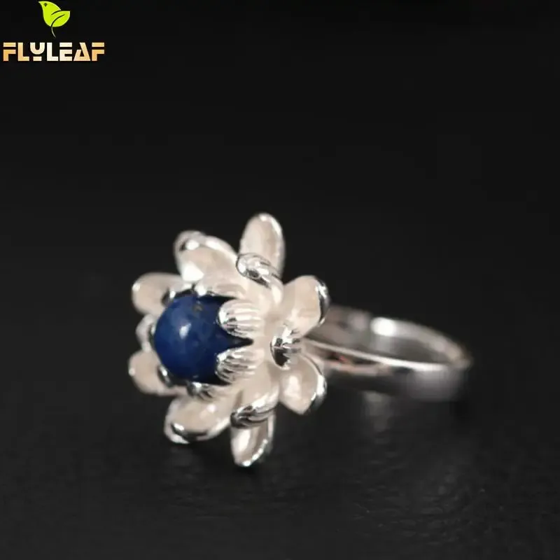 Ringar 925 Sterling Silver Lapis Lazuli Lotus Flower Open Rings for Women High Quality Fashion Style Lady Freshwater Pearls Jewelry