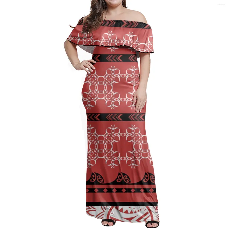 Party Dresses Polynesian Tribal Red Gray Lines Printed Women Elegant One Shoulder Dress Summer Plus Size Ruffle Long Clothing