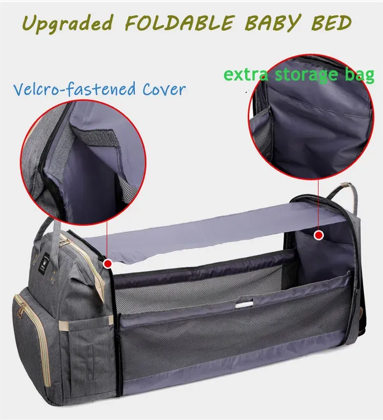 Bolsas atualizadas de 5 em 1 bolsa de fraldas de acampamento com capa portátil Mochila troca da estação dobrável Bag de viagem à prova d'água USB USB