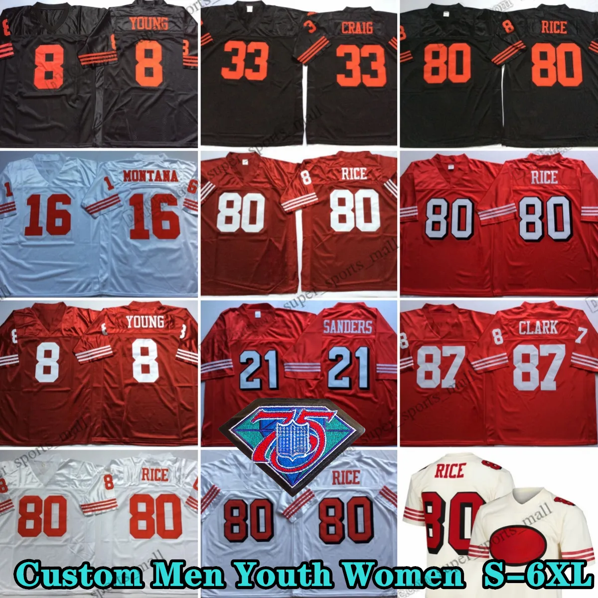 Custom 75th reminback 80Jerryrice 1962 Jerseys de futebol 16Joemontana 71TrentWilliams 97Bryantyoung 82JohntAylor 11NavorroBowma 21DeionsAnders 8Steveyoung