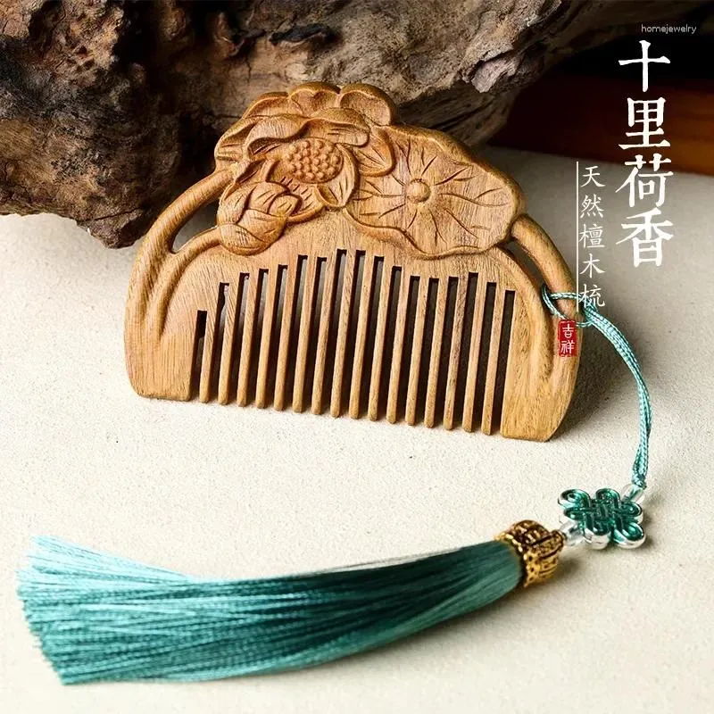 Strand Emerald Sandalwood Comb Retro Style Lotus Lotus Mini Portable Hair Holiday Support Gravé LETTRES GRAVE