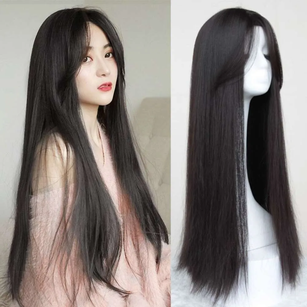 Peruk kvinnors långa raka hår naturligt split svart fullt topp hår set full huvud set sommar mode spetsar falskt hår