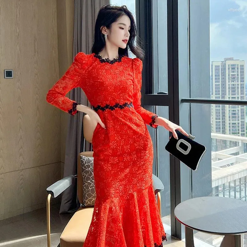 navy blue dress for baby girl Casual Dresses French Lace Solid Red Dress High Waist Trumpet Slim Womens  Elegant Autumn Winter