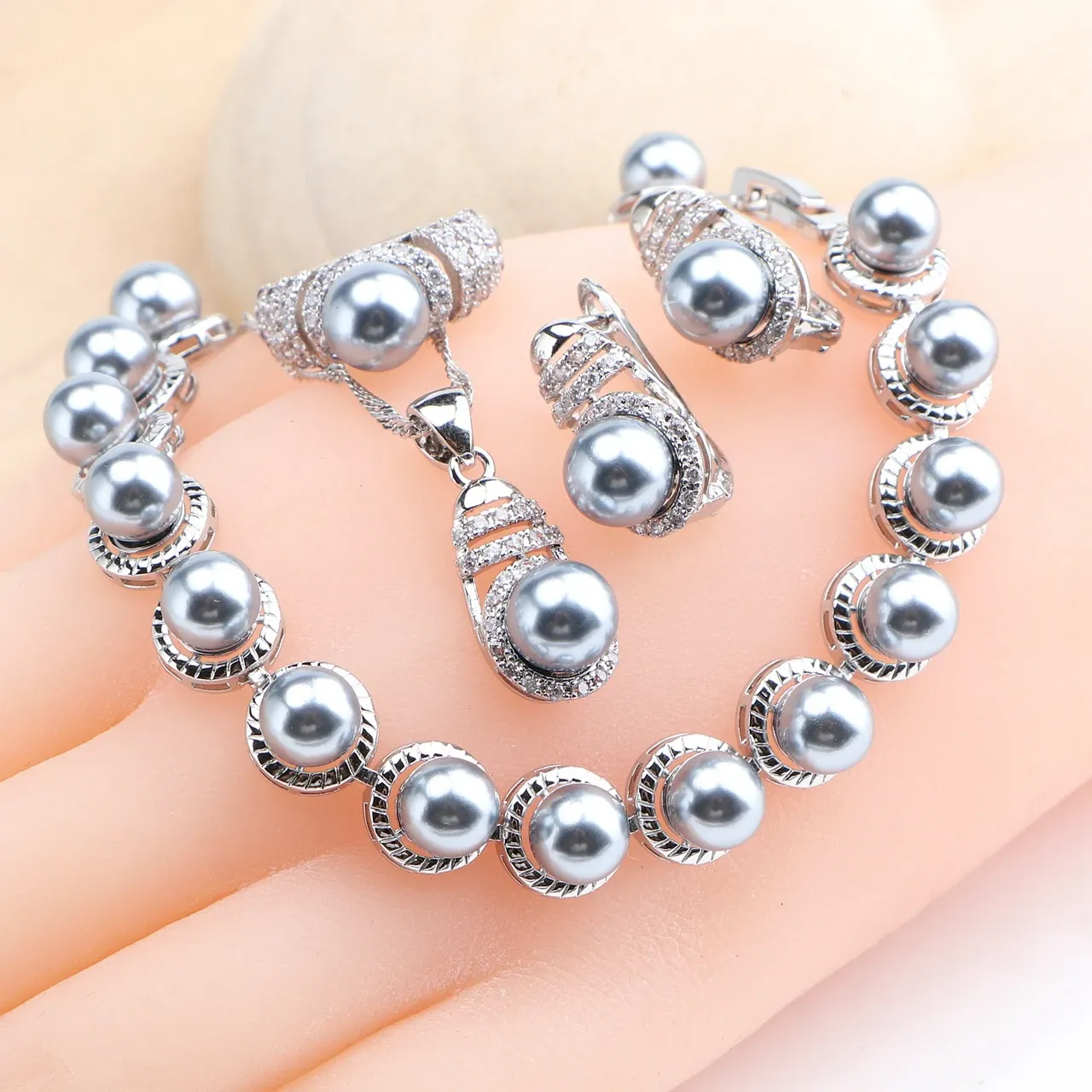 Bracelets 925 Sterling Silver Pearl Jewelry Sets Bridal Women White Zircon Rings Earrings Wedding Bracelets Pendant Necklace Set