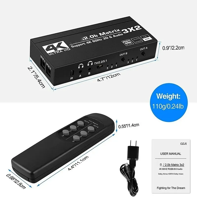 Ny 2021 3x2 Matrix Switch Splitter med SPDIF och L/R 3,5 mm HDR för HDMI-kompatibel switch 4x2 Support HDCP 2.2 ARC 3D 4K för