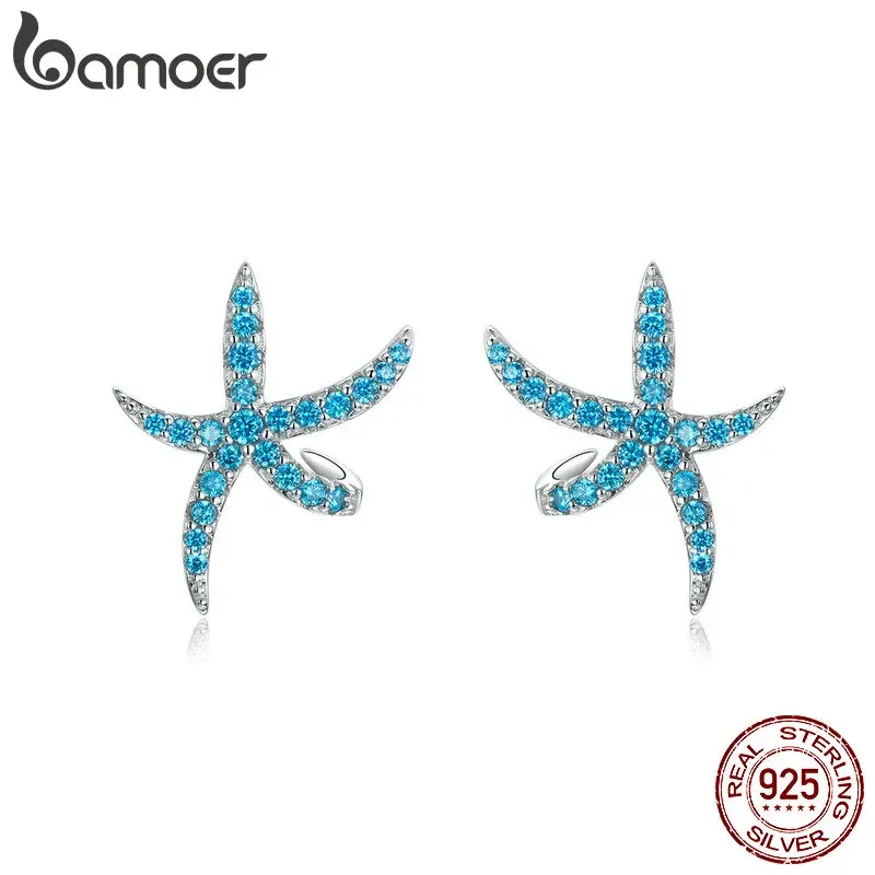 Boucles d'oreilles Bamoer Starfish Moucles d'oreilles pour femmes authentiques 925 Silver Silver Fashion Bourges d'oreilles bleues Studs coréens Bijoux de design BSE136