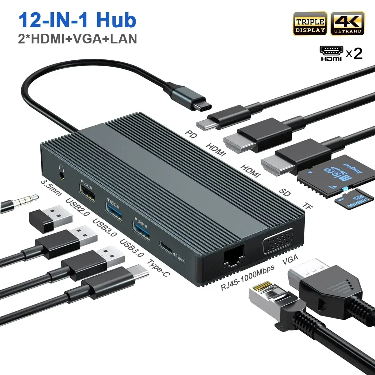 Hubs Dual Monitor USB C Hub Triple Display Docking Station with 2 HDMI VGA Gigabit Ethernet TypeC PD SD/TF 3.5mm Adapter for MacBook