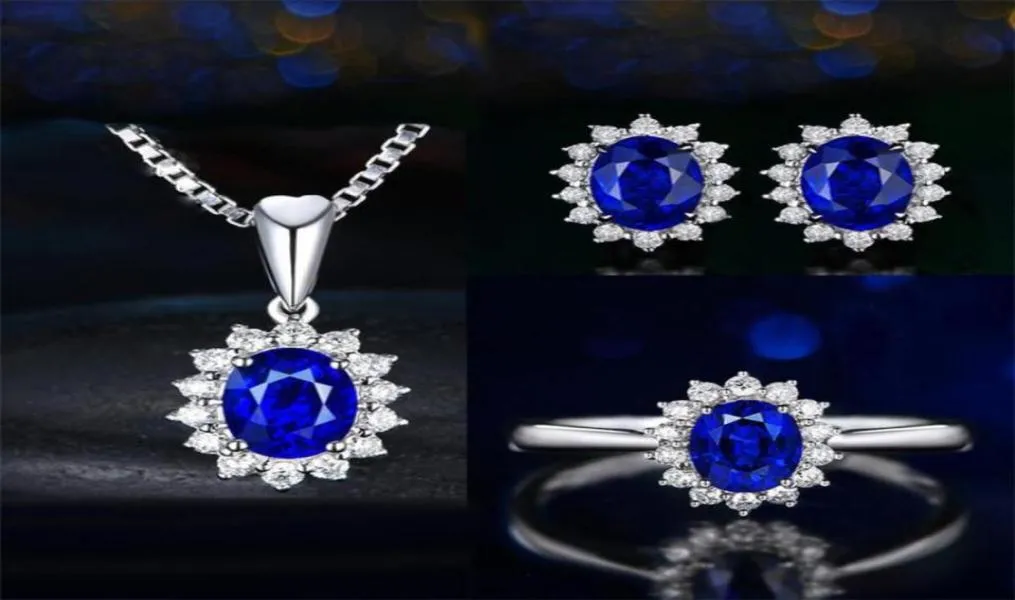 وصول جديد saprkling المجوهرات الفاخرة مجموعة 925 الجنيه الاسترليني الفضة البيضاوي قطع الياقوت الأزرق تشيك ستة الماس النساء الزفاف قرط قلادة 4893232