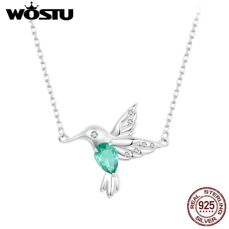 Necklaces WOSTU Original 925 Sterling Silver Hummingbird Necklace With Green Glass For Women Party Dating Gift S925 Luxury Jewelry FNN378