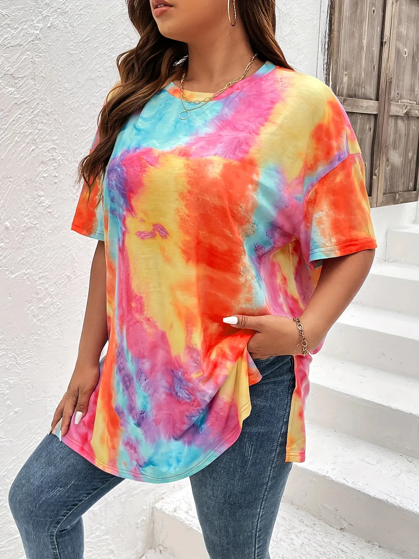 Dyrej barwnikowy Dye Plus w rozmiarze damski damski moda Summer Kobiety harajuku okrągły szyja na zewnątrz koszulki damskie topy 240422