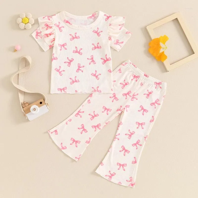 Kleding sets peuter babymeisje zomerkleding geribbelde shirt shirt met korte mouwen bovenste boog print bell bodems wijd uitlopende broek set 3 stks outfit