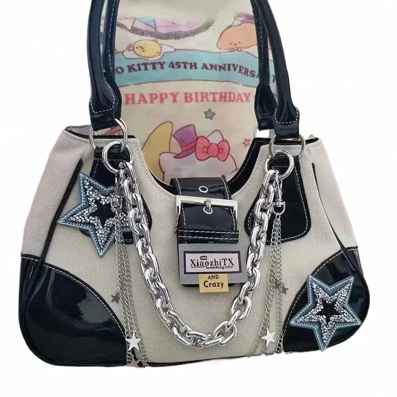 Y2K CTRAST FI Black White Trend Star Star Chain Women's Handbag Spicy Girls Sweet Cool Shollden BagキャンバスショートハンドルバッグR9I2＃