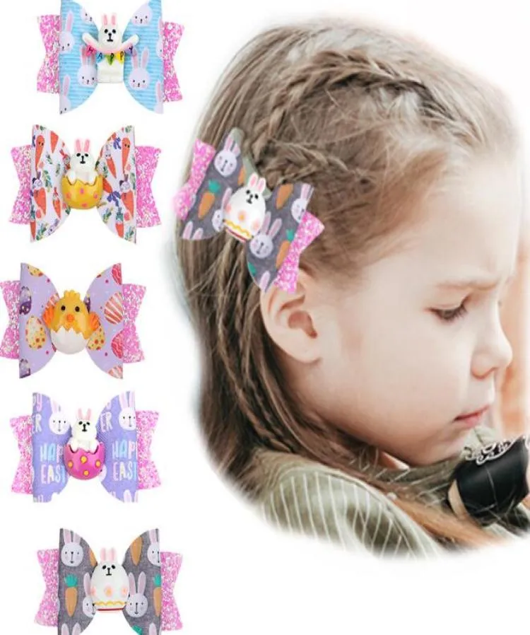 Children Cartoon Anime Bow Leather Hair Clip Easter Egg Cute Rabbit Print Bow Hairpin Boutique Girls Hair Accessories BY16525367702