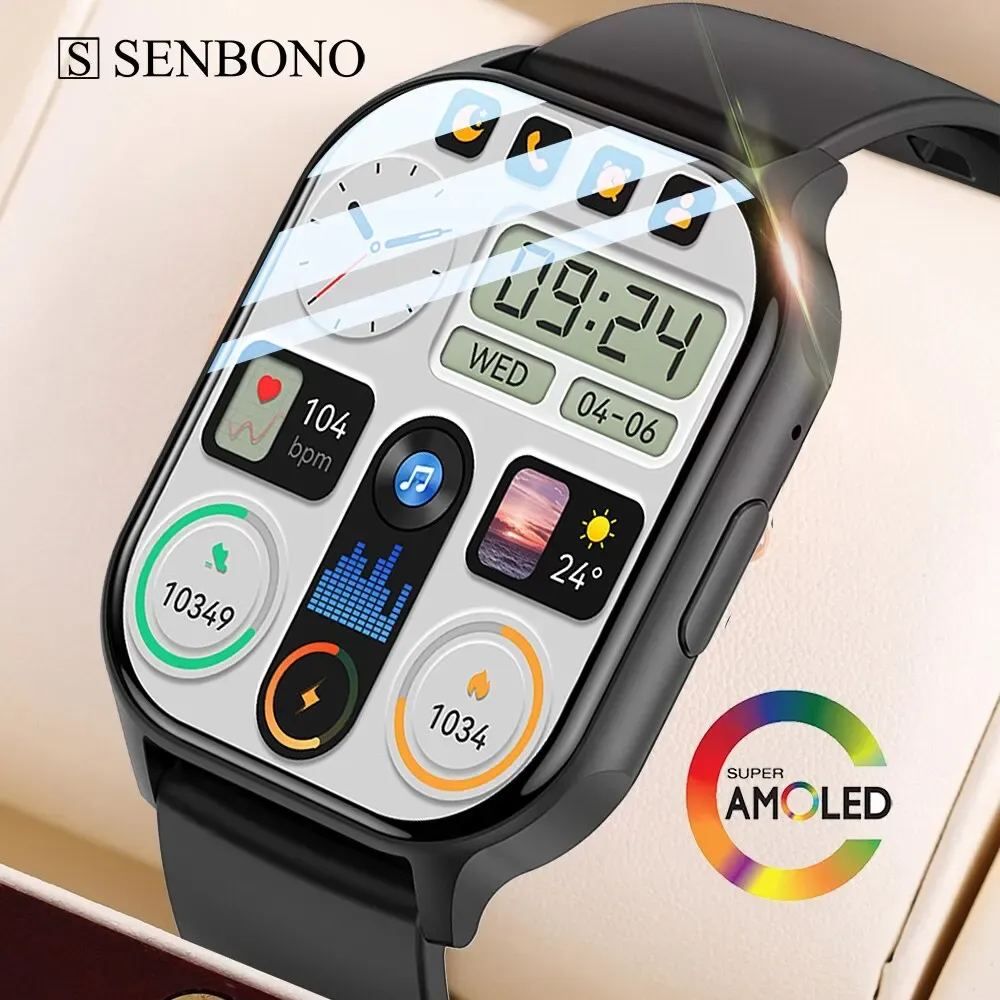 Saatler Senbono 2.04 '' AMOLED SAHTE SAHİBİ SAAT ERKEKLER KADINLAR BLUETOOTH ÇAĞRI Fitness Tracker Su Geçirmez Spor Smartwatch Erkekler IOS XIAOMI