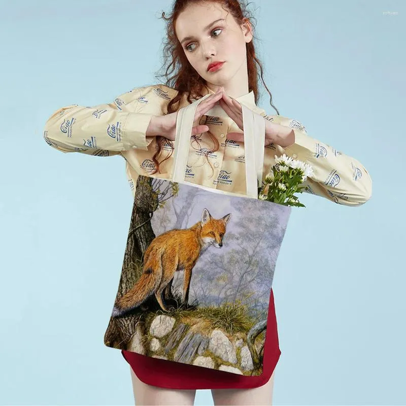 Shopping Bags Watercolor Women Bag Bird Squirrel Print Both Sided Reusable Canvas Cartoon Animal Casual Tote Shoulder Handbag