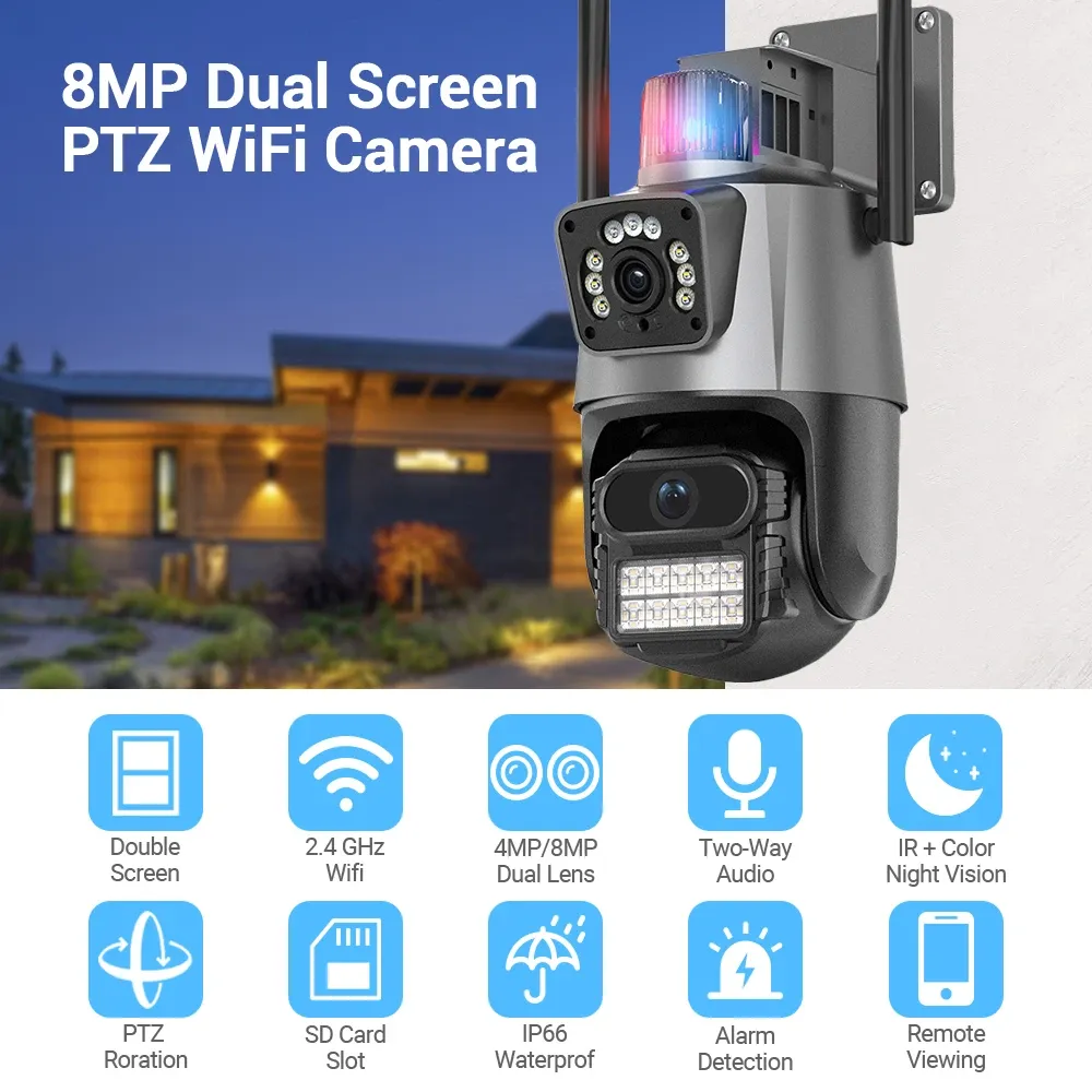 Kameror 8MP Två lins WiFi IP -kamera 4x Zooma utomhus 4K HD -skärm PTZ -kamera Auto Tracking Security CCTV Camera P2P Video Surveillance