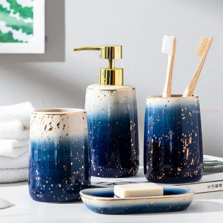 Heads Blue Starry Sky Wash Kit Ceramics Badrum Tillhandahåller hem Fyrstycket Badrum Lotion Bottle Tandborste Holder Mouth Cup Soap Dish