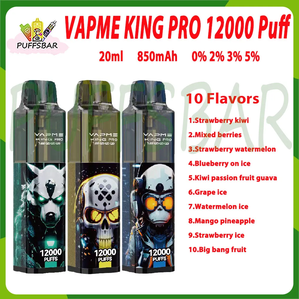 Otantik Vapme King Pro 12000 Puflar Tek Kullanımlık Vape 10 Lezzetler 20ml Önceden doldurulmuş Cihaz 850mAh Tip-C Şarj Edilebilir Pil 1.0 Örgü Bobin 12K E Sigara