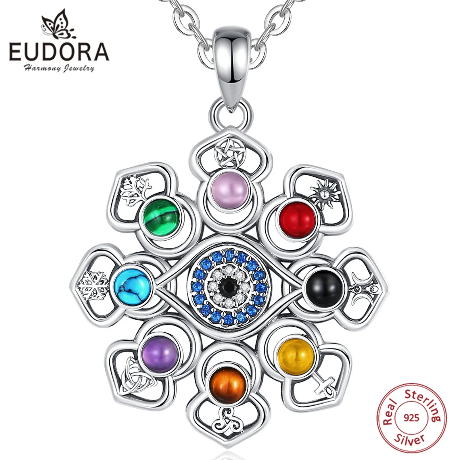 Halsband Eudora 925 Sterling Silver Lotus Evil Eye Halsband Färgglada pentagram Hecate Flower Pendant Personlighetsmycken för Women Man Man