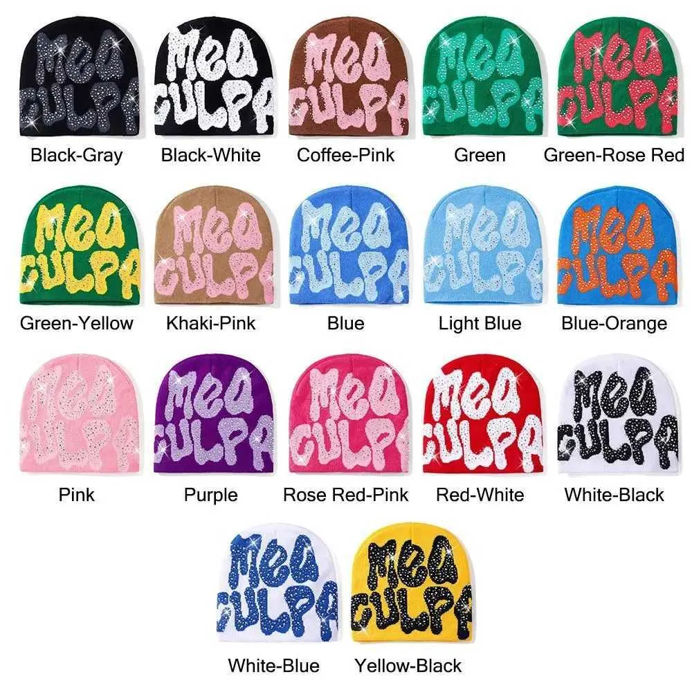Y2K MEA Culpa Drippy Beanies With Rhinestones Soft, Elastic