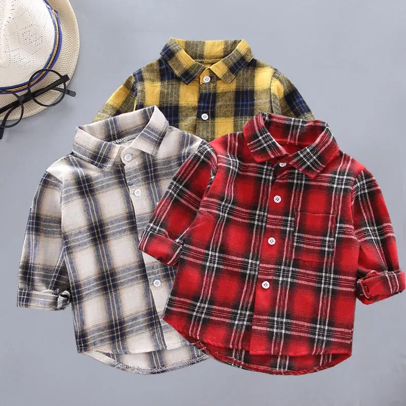 T-shirts Spring Autumn Kids Casual Shirts Toddler Boys Shirts for Girls Plaid Shirts Kids Long Sleeve Cotton Shirts Girls Red Blouse