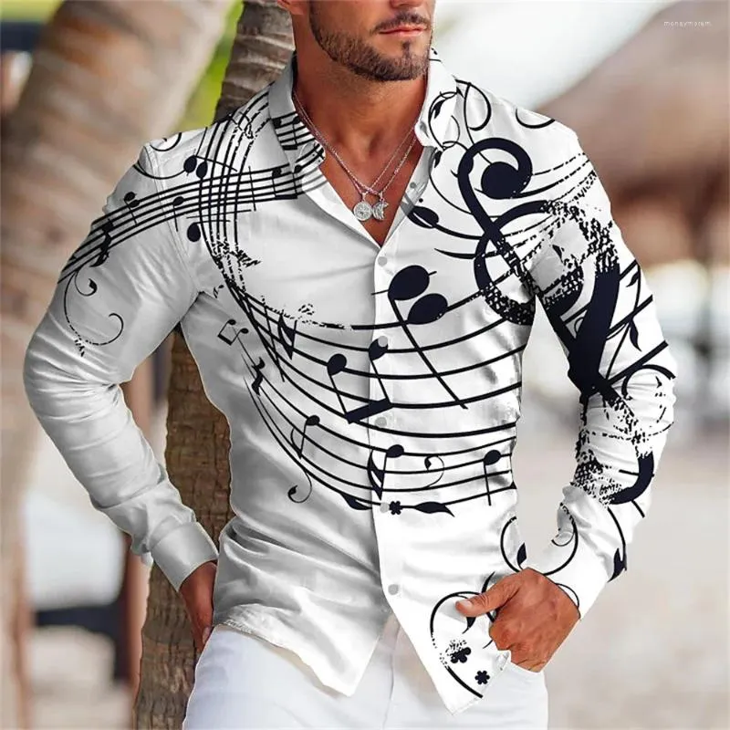 Herren lässige Shirts Klassische Musik 3D Abstraktes Druckmuster Shirt Sommer Hawaii Urlaub Freizeit Langarmige Polo Neck Kleidung