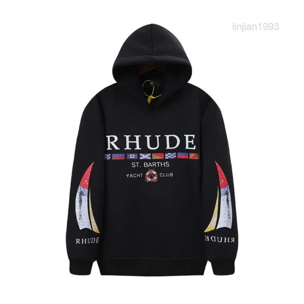 デザイナーファッション服ラグジュアリーメンズスウェットシャツRhudeアメリカンハイストリートフラッグレタープリントフード付きセータールーズカジュアルメンズとレディースの豪華なパーカー冬