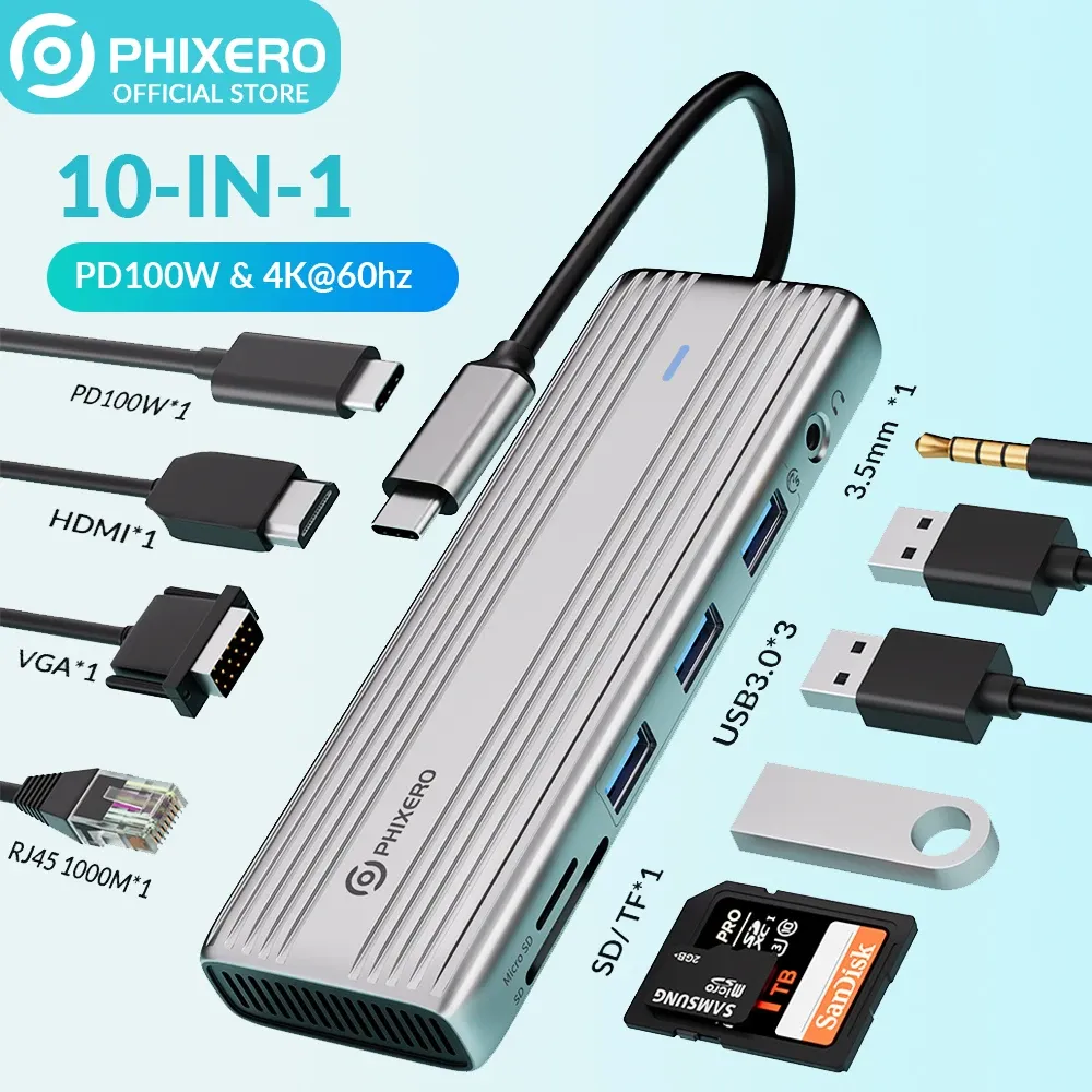 Hubs Phixero Multi USB HUB USB Typec Adapter 4K 60 Гц HDMICAMATIBLE USB 3.0 Высокоскоростная док -станция RJ45 PD100W Зарядка для ПК