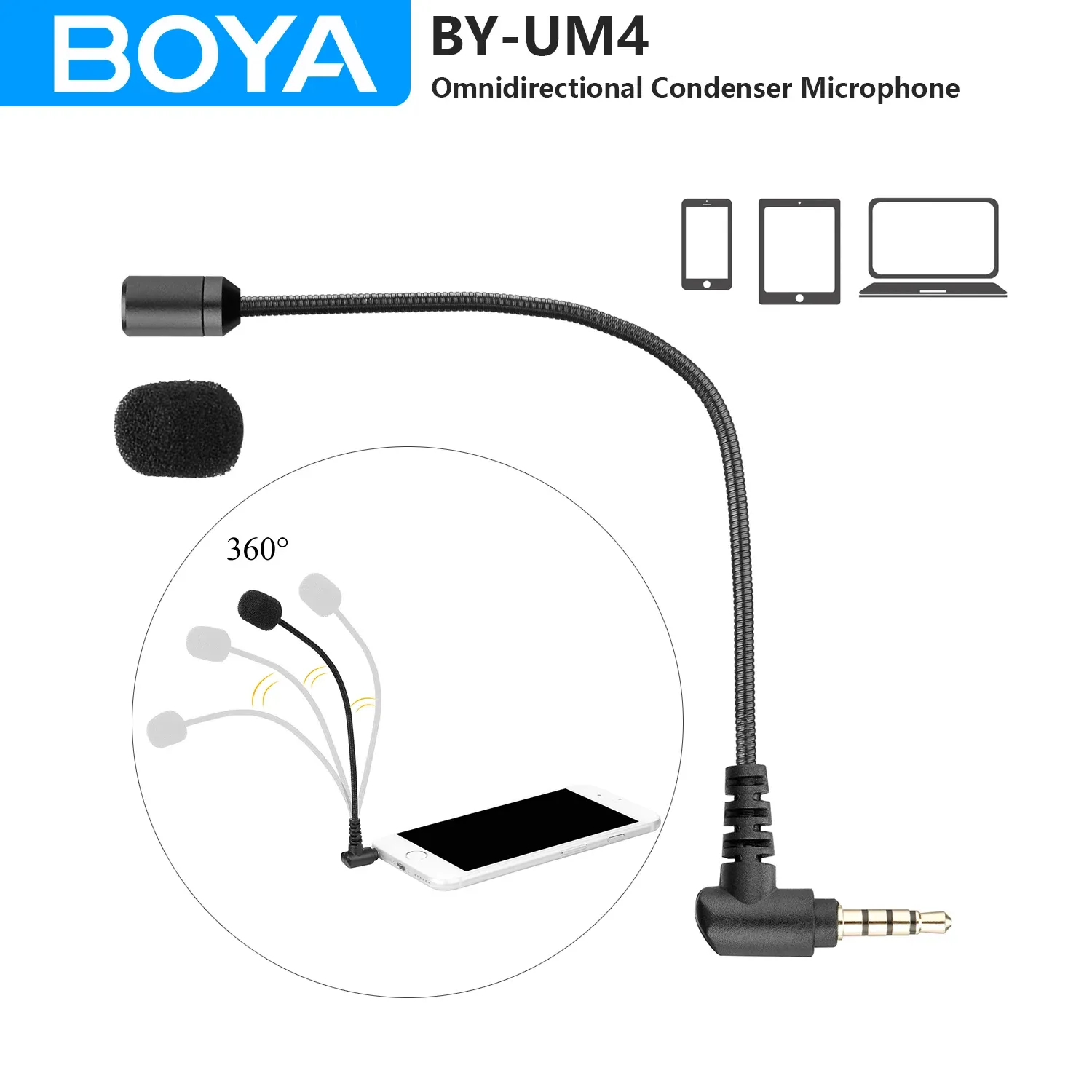 Mikrofony Boya BYUM4 3,5 mm TRRS Plug Play Play Mikrofon kondensatorowy na PC DSLRS iOS Android Windows Tablet na żywo na żywo Nagrywanie YouTube