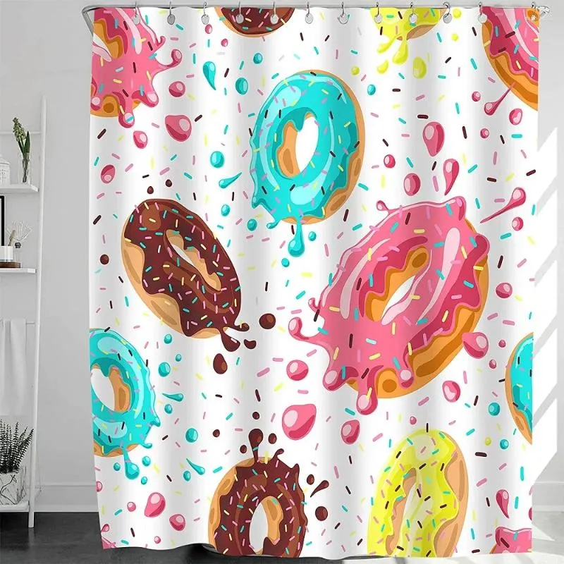 Duschvorhänge farbenfrohe Donuts mit rosa schokoladenblauen Spritzer aus farbigen Polyester Stoffvorhang Sets wasserdichtem Badezimmer -Deco