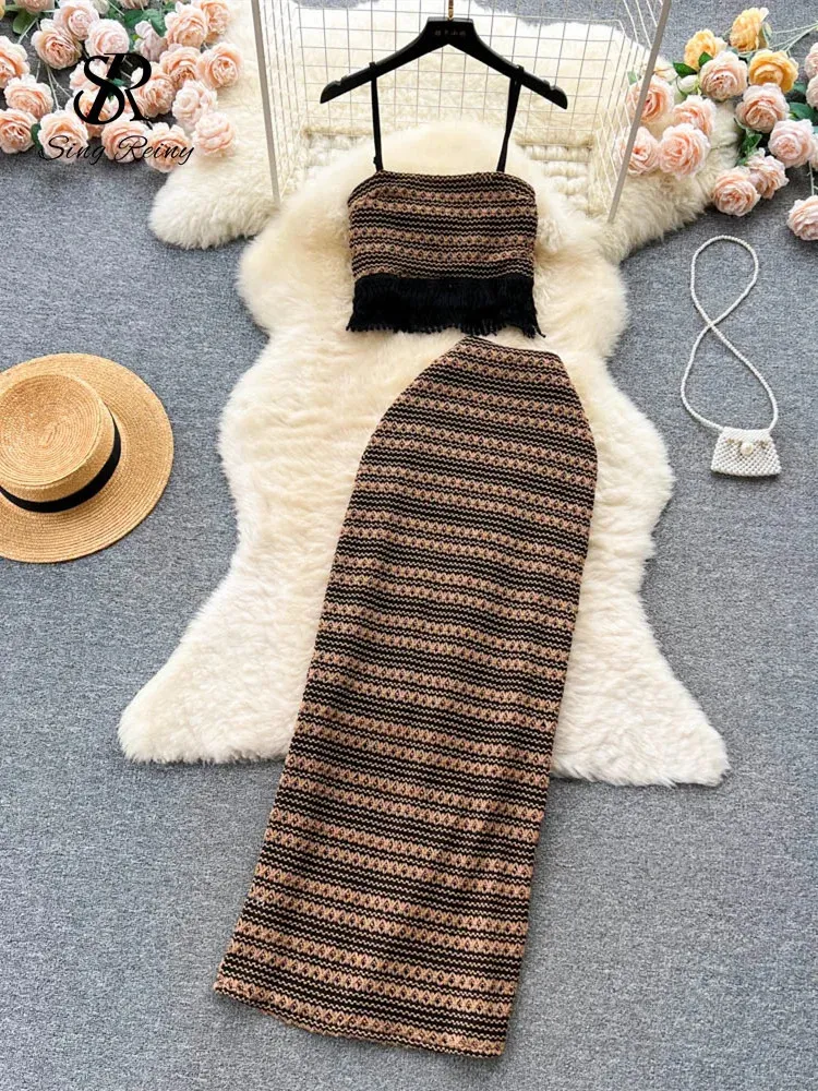 SINGREINY Summer Knitted Beach Two Pieces Suits Women Strap Tassel CamisLong Skirts Fashion Hollow Out Vintage Bohe Slim Sets 240415