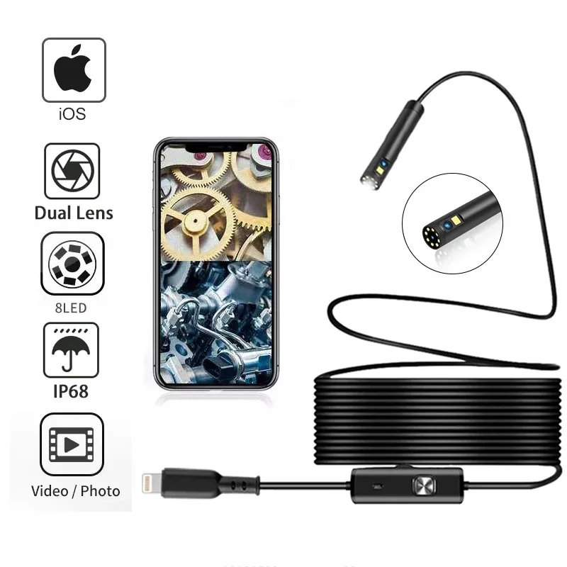 Caméras 8 mm Dual Lens Industrial Endoscope Camera Connexion directe avec iOS iPhone Inspection Borescope IP68 Câble dur imperméable