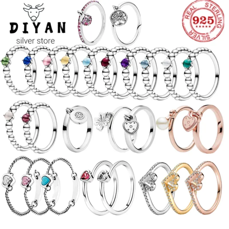 Rings New 925 Sterling Silver Popular Ring Twelve Month Birthstone Beaded Ring With Crystal For Women Jewelry Birthday Gift