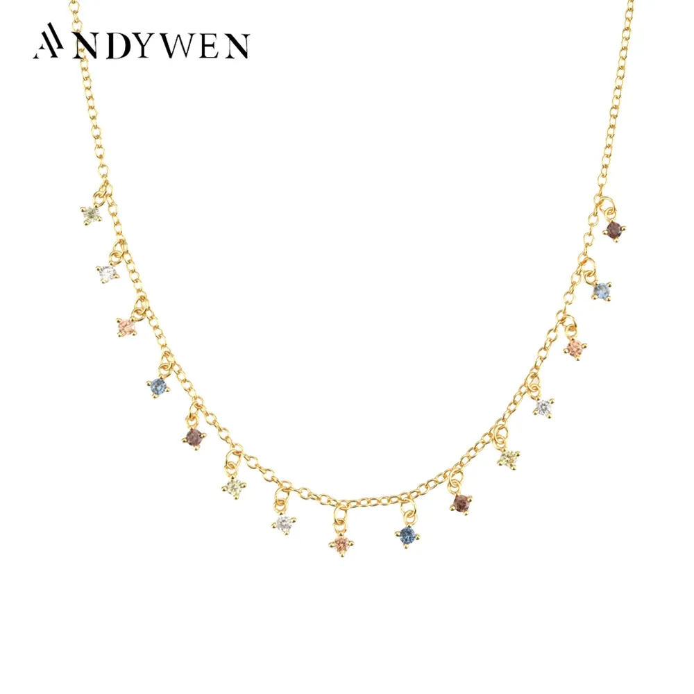 Colliers Andywen 925 Sterling Silver Sage Zircon CZ Fox Five Zircon CZ Choker Long Chain Collier Rainbow Charm Crystal Wedding Bijoux