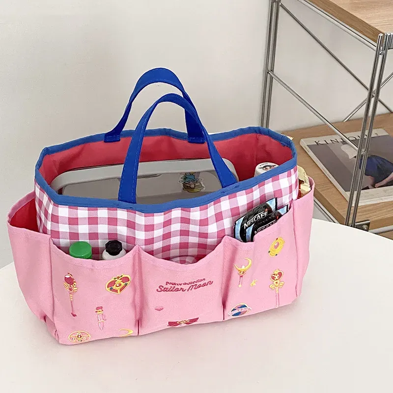 Taschen Bentoy Milkjoy Mode Kinderleinwand Handtasche Große Gitterspielzeug Aufbewahrungstasche Mädchen Stickbeutel mit äußerer Tasche