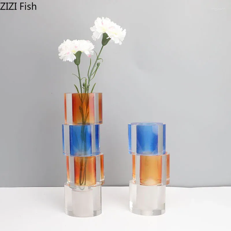 Vases Colored Crystal Cylinder Glass Vase Flowers Pots Desk Decoration Flower Arrangement Creative Floral Room Aesthetic Decor