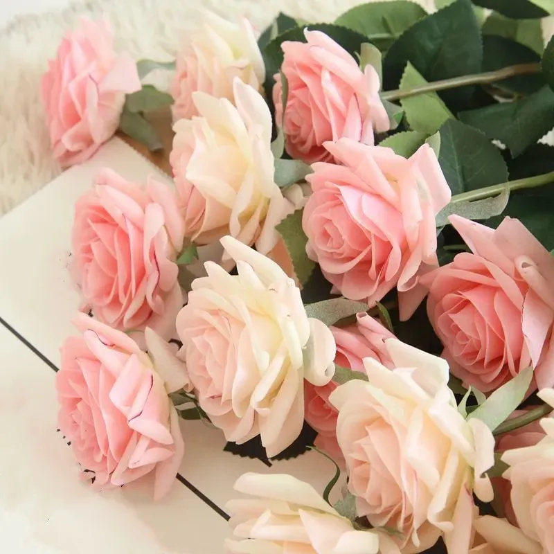 9pcs / lot décor rose fleurs artificielles fleurs de soie floral latex réel touche rose de mariage bouquet à la maison conception de fleurs de fête