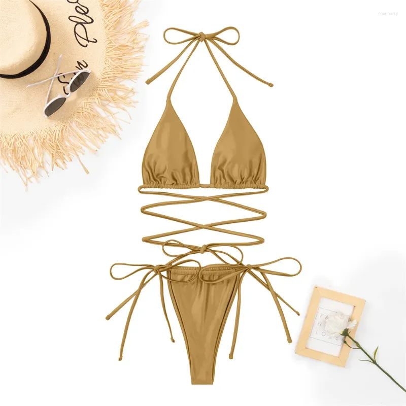 Kvinnors badkläder satin guld bikini mikro sträng thong sexig triangel baddräkt delad trend kvinnor brasiliansk strand baddräkt bikinis uppsättningar