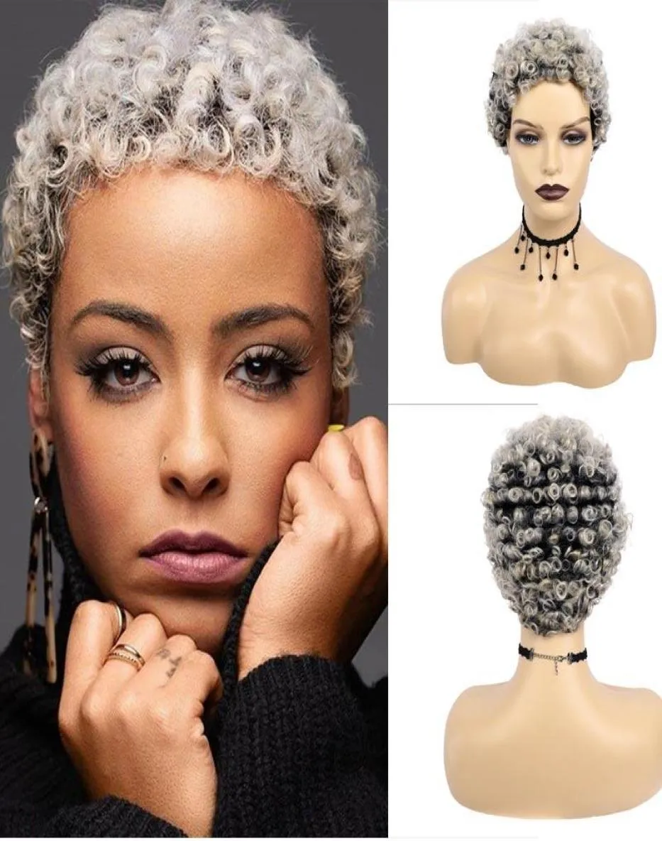 Syntetiska peruker mormor039s mode kort afro lockig peruk för svarta kvinnor grå vågig naturlig som verklig fest5819230