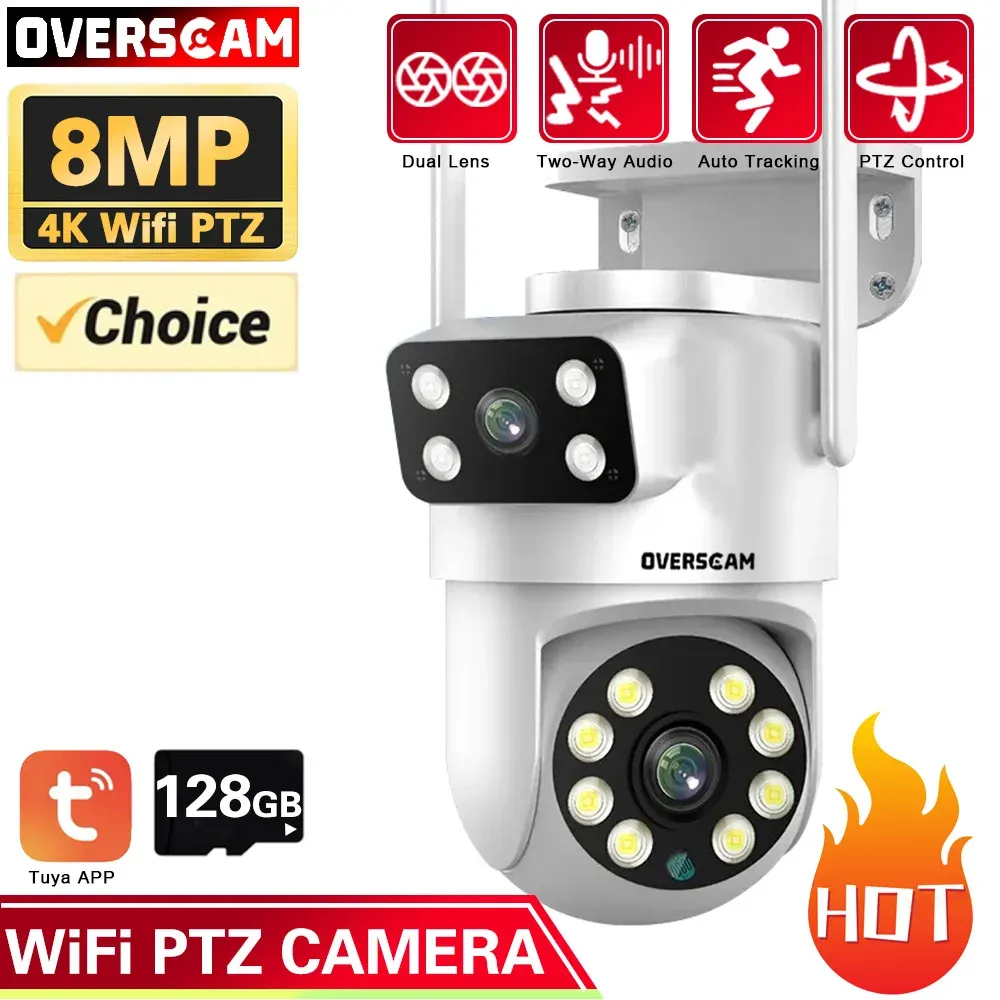 Cámaras Tuya 4K 8MP Lente dual PTZ Cámara Wifi Cámara de doble pantalla Visión de color Visión Automá