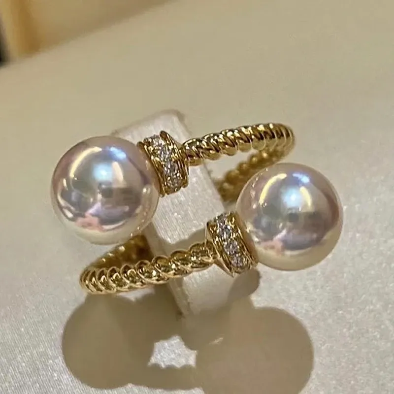 バンドHuitan Tempament Double Imitation Pearl Open Ring Twist Gold Color Band New Fashion Women's Accessories Wedding Jewelry 2023